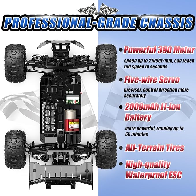 1:14 All Terrain RC Cars, 50 KPH High Speed 4WD RC Truck with 60 Mins Runtime, Fast Remote Control Car with 2S 2000 mAh Rechargeable Batteries, Off Road RC Cars for Adults and Teen Boy Gifts