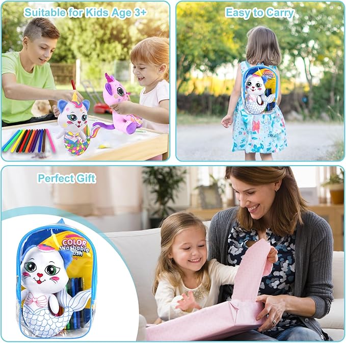 Coloring Plush Toy with 12 Washable Markers for Little Girls Doodle Dolls Arts and Crafts Soft DIY Washable Doodle Stuffed Animal Toy for Kids Ages 4-6 Birthday (Fish Cat)