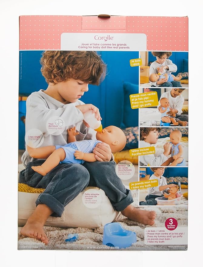 Corolle Drink and Wet Bath Baby Paul - 14” Boy Baby Doll with 3 Accessories - Bottle, Potty, and Pacifier - Really Drinks and Goes Potty, for Kids Ages 2 Years and up