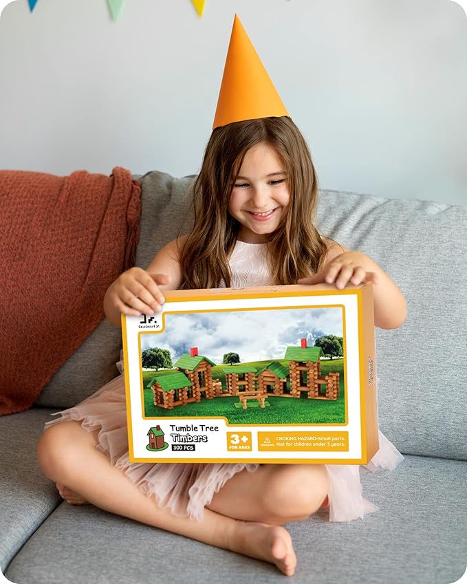 SainSmart Jr. 300 PCS Wooden Log Cabin Set Building House Toy for Toddlers, Classical STEM Construction Kit Compatible with Lincoln Logs for 3+ Kids