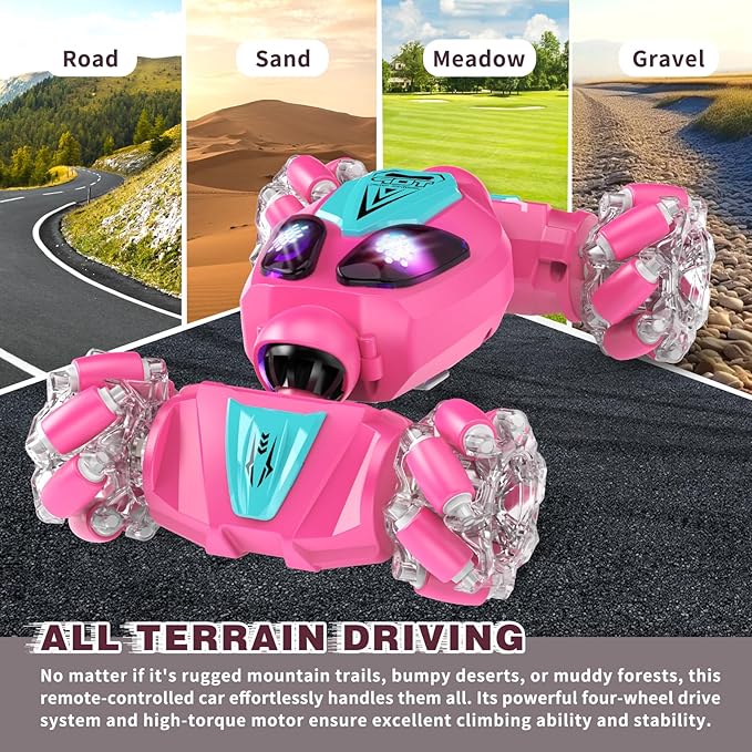 Gesture Sensing RC Stunt Car, Birthday Gifts Toys for Kids, 5-7 6-12 8 9 10 11 Years Old Boys and Girls Remote Control Car, Modular Battery, Type C Charging, 360° Rotating, 4WD Drift (Barbie-powder)