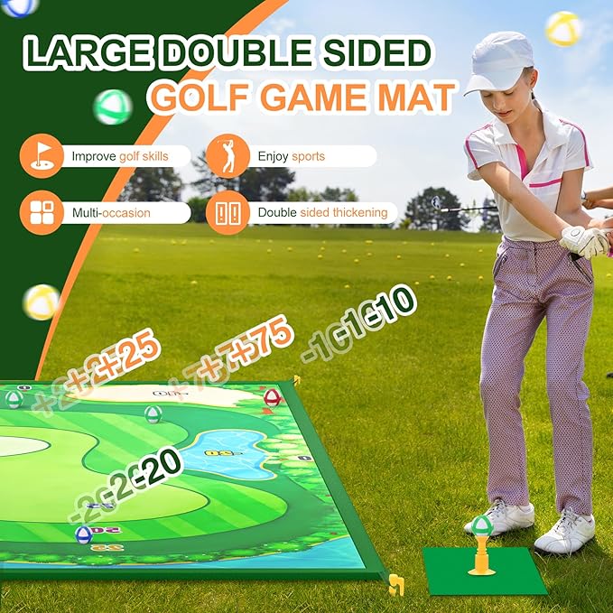 Double-Sided Chipping Golf Game Mat and Darts Mat with Clubs, Thickened and Durable, Indoor and Outdoor Sticky Golf Game Equipment for Adults and Family Kids