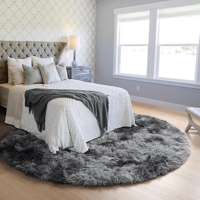 ONASAR Tie-Dyed Dark Grey Round Area Rug 4ft, Ultra Soft Bedroom Circle Rugs for Kids Girls Boys Teen, Fluffy Plush Shaggy Carpet Floor Mats for Nursery Dorm Living Room Office Home Decor