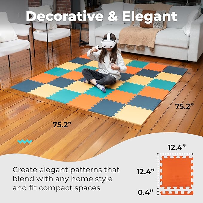 MioTetto Foam Floor Tiles for Kids - Non-Toxic Comfortable Baby Play Mat and Interlocking Foam Tiles, Fits with 74x74 Playpen Mat for Crawling & Development, Soft Play Mat for Babies 6-12 Months