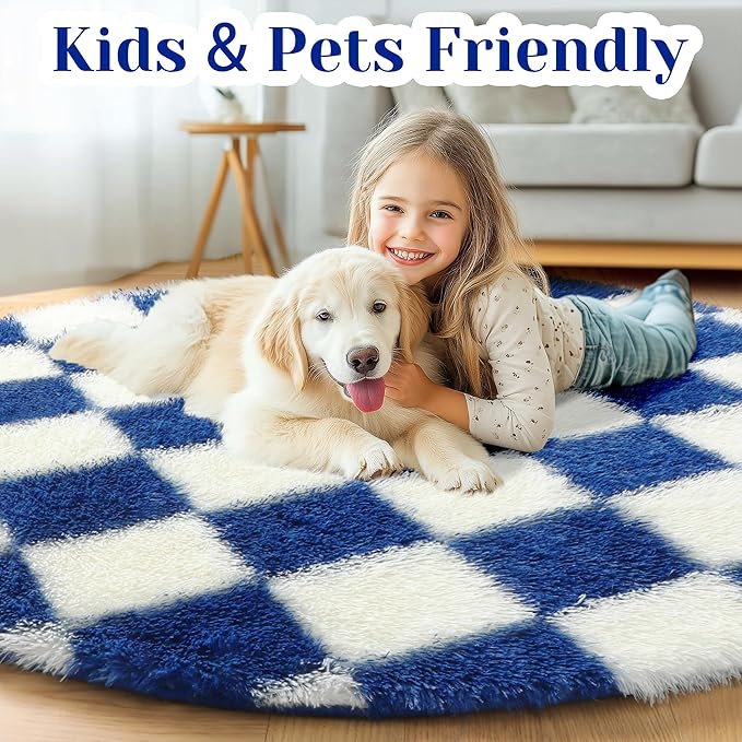 KICMOR Round Rug 4ft for Bedroom, Soft Fluffy Circle Area Rug Cute Small Living Room Carpet, Blue and Cream White Fuzzy Shag Shaggy Checkered Circular Rug for Kids Room Nursery Home Decor Aesthetic