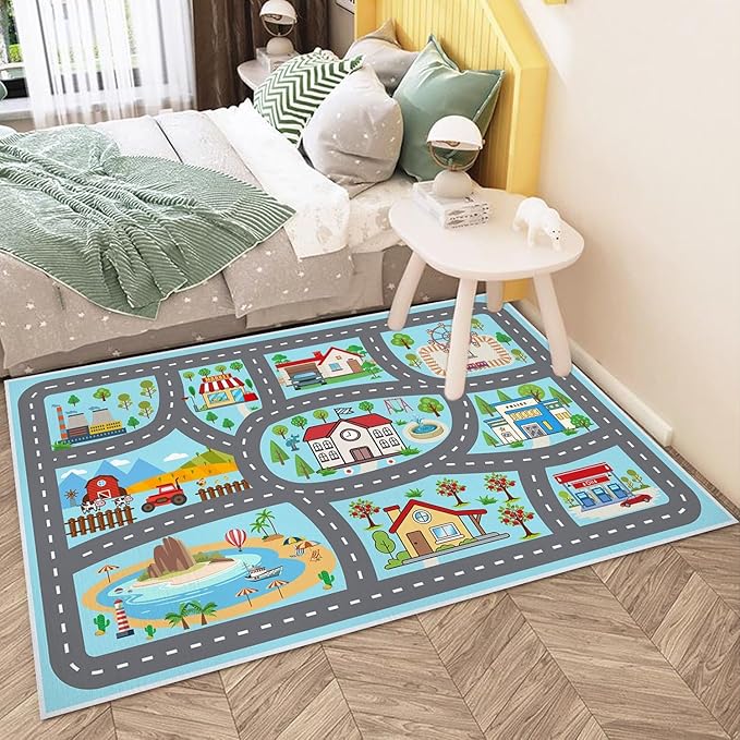 Kids Rug Car Rugs Play mat Carpet for Kids Toy Cars for Playroom Classroom Kids Room, Educational Area Rugs with Non-Slip Road Traffic Floor Rug Mats, Ideal Gift for Nursery Children Boy Girl 4x6ft