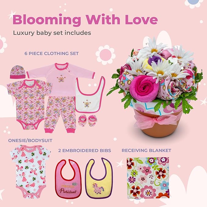Deluxe Baby Blossom - Baby Girl Outfits | Newborn Baby Girl Gift Set | Baby Gift Basket for Expecting Moms | New Baby Gift Basket | Pink Baby Gift Set | Clothing Flower Bouquet | Nikki's Gift Baskets