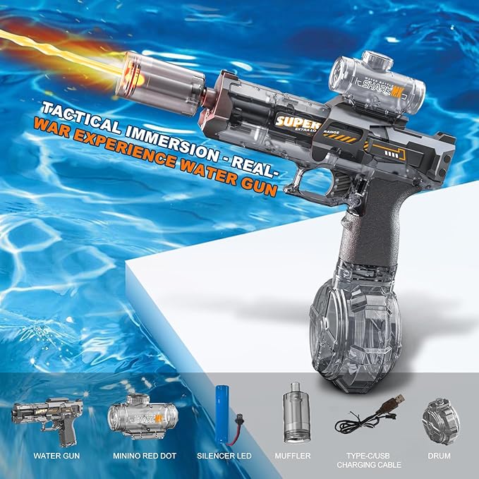 Electric Water Gun for Adults Kids, Automatic Squirt Watergun Pistol with Led Lights, Summer Outdoor Pool Beach Party Toys, Black