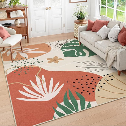 Lahome 8x10 Rugs for Living Room, Bedroom Rug 8x10 Under Bed Soft Kids Nursery Carpet, Boho Botanical Print Non-Slip Low Pile Carpet for Dining Room Office Playroom, Coral