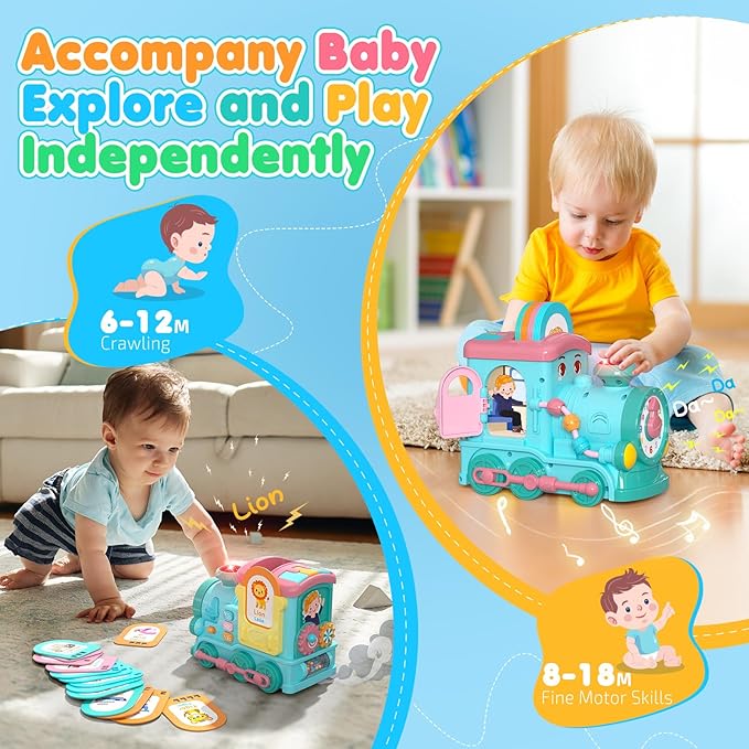 Hot Bee Montessori Toys,Learning Boy Toys,Toys for Ages18Months+,24-in-1 Multi Musical Train withTalking Flash Cards,Crawling,Learning , Motor Skills