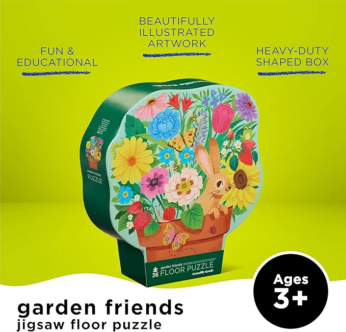 Crocodile Creek 36-Piece Jigsaw Floor Puzzle - Fun Floor Puzzles for Kids Ages 3-5 - Heavy-Duty Shaped Box for Storage - Garden Friends - 27" W x 20" H Finished