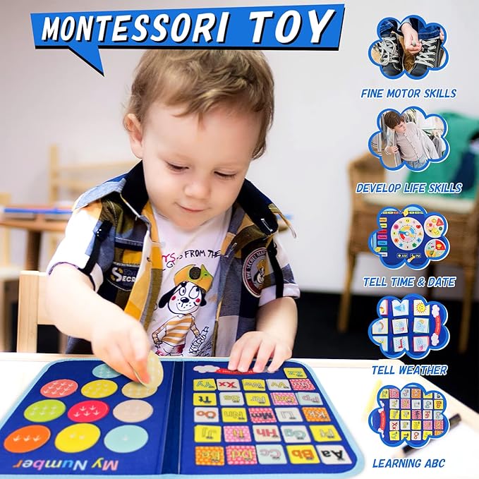 iooo Toddler Busy Board Montessori Toys for 1 2 3 4 Year Old, Sensory Board with Buckles Educational Activities for Learning Fine Motor Skills, Gifts Toy for Girls Boys for Airplane Car (Blue-5)