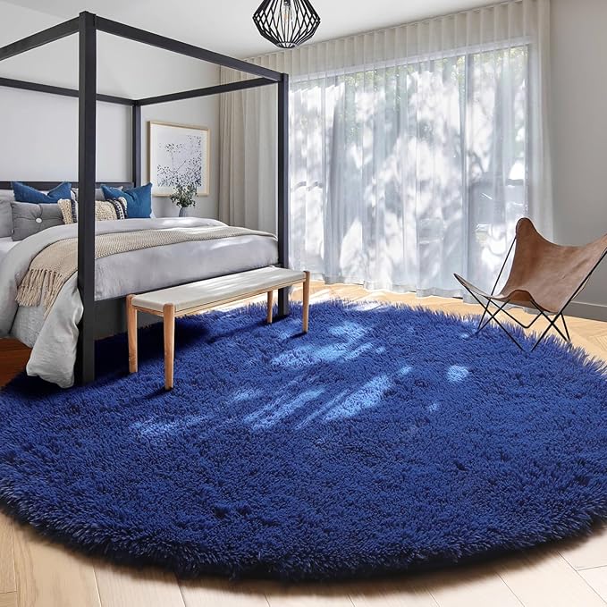 Navy Blue Round Rug 6Ft for Boys Bedroom, Large Fluffy Fuzzy Circle Area Rugs for Kids Playroom, Living Room Decor Aesthetic, Cute Shaggy Plush Floor Royal Dark Blue Carpet for Dorm Teen Baby Nursery