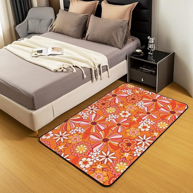 Erosebridal Colorful Groovy Flowers Area Rug 4x5 Hippie Retro Aesthetic Floral Carpet for Girls Teen Women Trippy Vintage Hippy Botanical Decorative Rug Abstract Funky Non Slip Rug