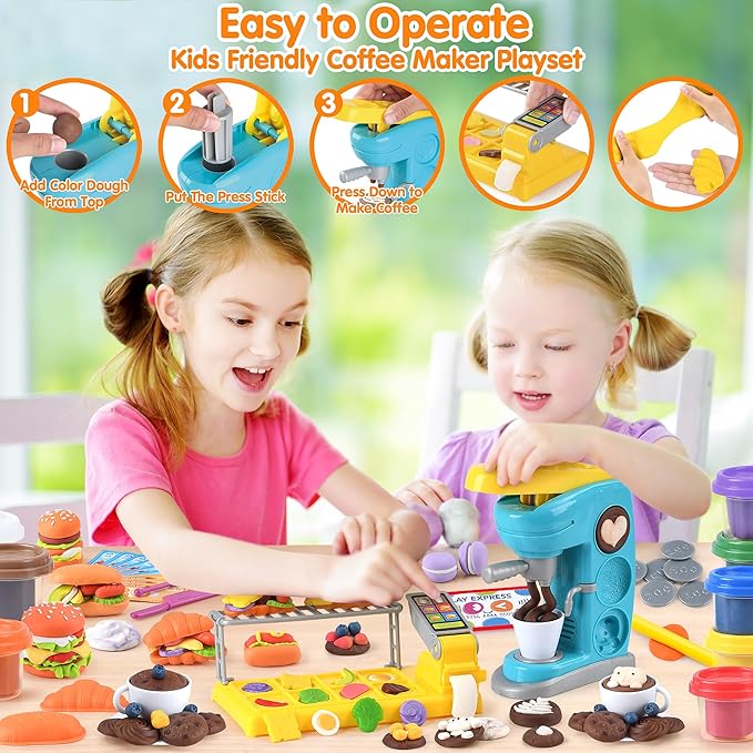Color Dough Sets for Kids 2-4 4-8, Play Kitchen Creation Cafe Dough Toy Sets, Color Dough Tools, Coffee Maker Set Dough, Arts and Crafts Clay for Girls Boys, 8 Cans of Modeling Compound