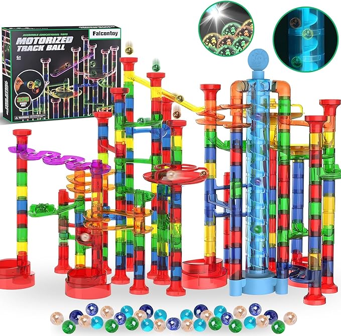 Glow in The Dark Marble Run 325Pcs Set with Motorized Elevator, Marble Maze STEM Toy with 113 Marbles, Construction Building Blocks for Kids Ages 3+, Best Easter & Birthday Gifts for Boys Girls