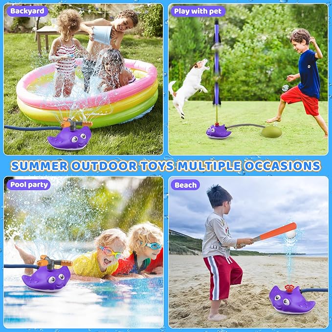 3 in 1 Water Baseball Summer Toys Sprinkler for Kids, Toddler Outdoor Toys Sprinklers for Yard with 2 Sprinkler Heads, 360° Roating Water Toys Attache to Garden Hose Backyard Pool Party Outdoor Games