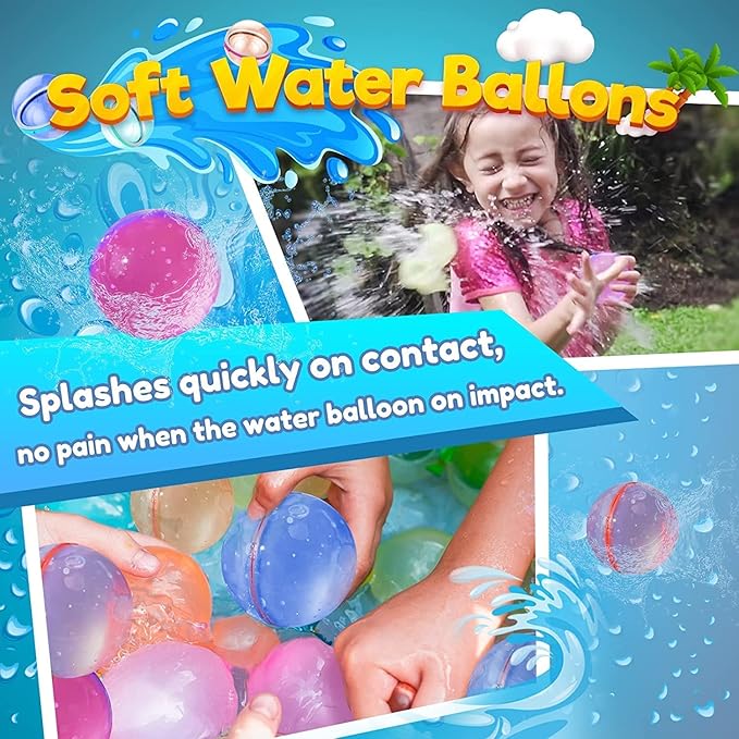 Reusable Water Balloons Water Bombs Splash Ball Quick Fill Self-Sealing Silicone Refillable Water Balls Outdoor Activities Summer Toy Pool Beach Water Games Toys for Kids ages 4-12 (12 Pcs)