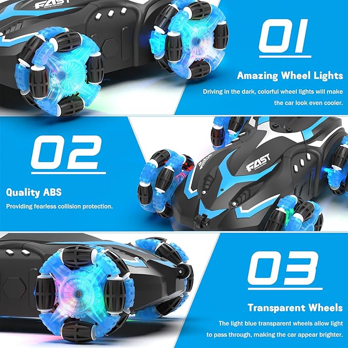 Eulogia RC Stunt Car with RGB Lights, 360° Drift & Rotation, All-Terrain Remote Control Car, Extra 2 Rechargeable Batteries, Spray, One-Key Demo, Gift for Kids Ages 5-12 (Blue)