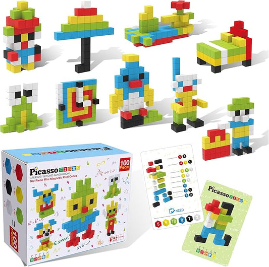 PicassoTiles 0.5” Pixel Magnetic Puzzle Cube 100 Piece Mix & Match Cubes Sensory Toys STEAM Education Learning Building Block Magnets Children Construction Toy Set Stacking Magnet Creative Kit PMC100