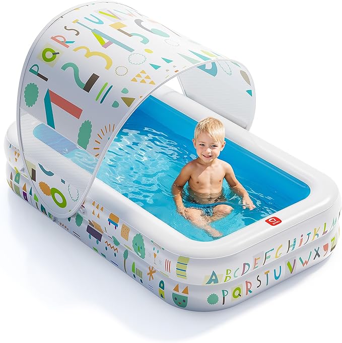 QPAU Kiddie Pool – 65" x 39" Inflatable Pool for Kids & Toddlers, Ball Pit & Baby Pool with Soft Cushioned Floor, Canopy for Sun Protection, Durable Outdoor Play Toys for Backyard & Indoor (Blue)