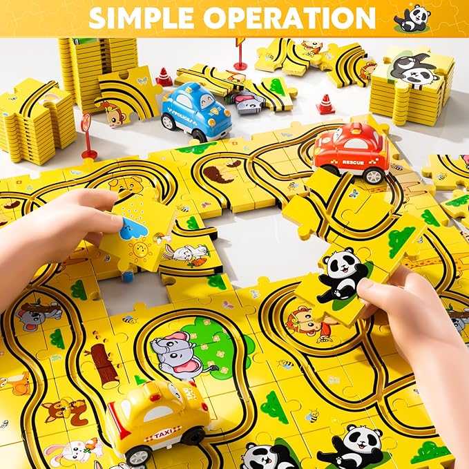 64 PCS Puzzle Race Cars Track Set Toys for Kids Boys, Puzzle Racer Kids Car Track Set Ages 3-5 4-6, Toys Gifts for 3 4 5 Year Old Boys, Ideal 3 4 5 Year Old Boys (Animals)