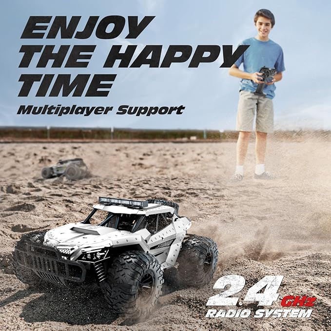 Tecnock RC Car 1/16 Scale Remote Control Car for Boys, High Speed 20 Km/h All Terrains Rc Monster Truck with Two Rechargeable Batteries & Head Chassis Lights Gift Toy for Kids Adults, Silver