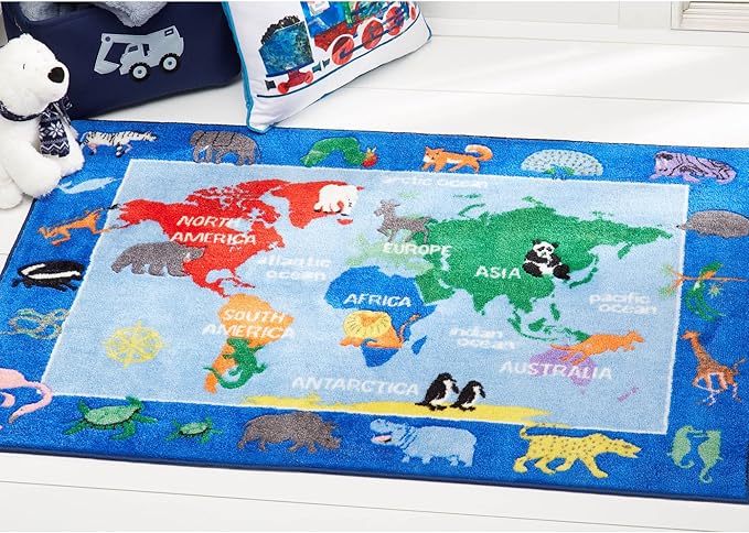 Eric Carle Elementary World Map Kids Machine Washable Area Rug Blue/Red, 35"x51"