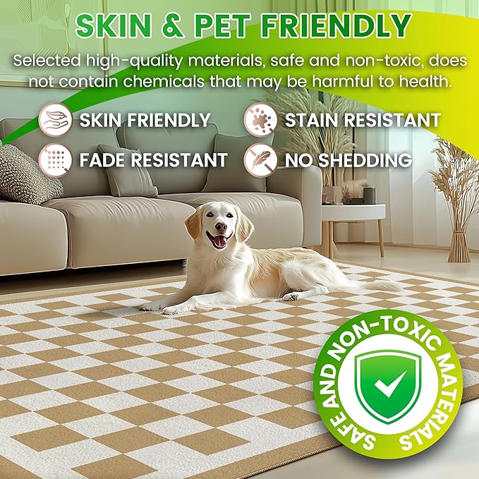 Washable 9x12 Checkered Area Rug for Living Room, Tan Brown Checkerboard Modern Boho Large Rugs, Ultra Thin Low Pile Lightweight Indoor Carpet with Non-Slip Backing for Bedroom Kids Nursery Play Room