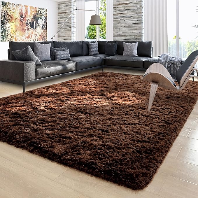 Ompaa Brown 8x10 Feet Large Area Rugs Fluffy Living Room Carpet, Wall to Wall Big Shag Coffee Rug for Bedroom Kids Playroom Classroom Nursery Home Office Decor