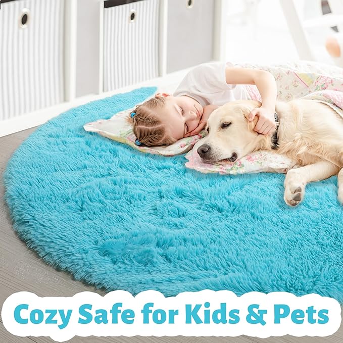 Blue Round Rug 5Ft for Bedroom, Washable Fluffy Circle Area Rugs for Kids Room Baby Nursery Playroom, Living Room Decor Aesthetic, Plush Shaggy Fuzzy Turquoise Carpet for Apartment Preppy Classroom