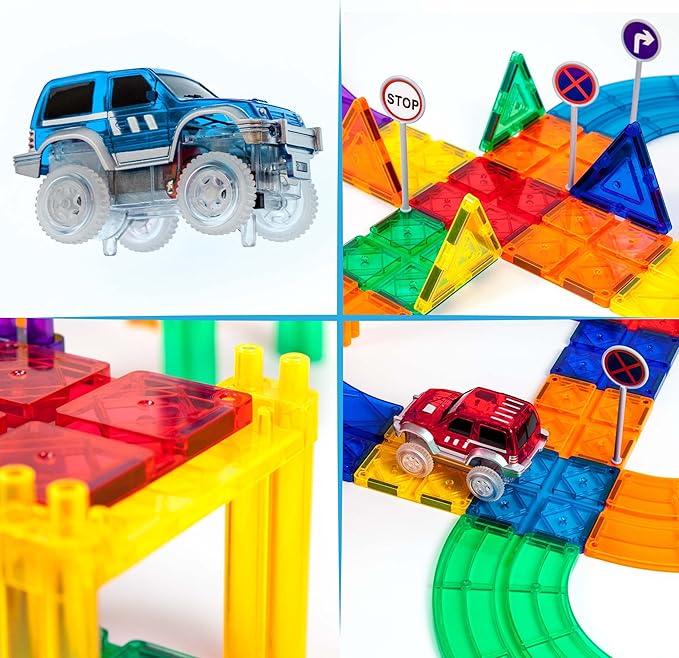 PicassoTiles 50PC Magnetic Race Car Track + Carry Case Bundle: STEAM Educational Playset for Kids Includes Travel Storage Organizer - Learning Construction Toy, Creative Design, Sensory Development
