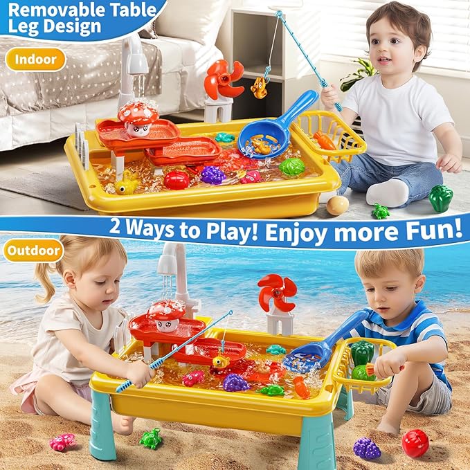 Water Table Toy for Kids 2 3 4 5 6 Years Old - Outdoor Kitchen Toys Set with Electrical Faucet, Toddler Fishing Games, Summer Beach Sensory Water Play Table, Gifts for Boy Girl 2+ 3-5(Yellow)