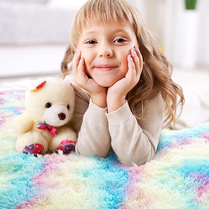 junovo Soft Round Rainbow Area Rugs for Girls Room, Fluffy Colorful Circle Rugs for Kids Bedroom, Cute Circular Rug Princess Castle Plush Shaggy Carpet for Kids Teen Baby Room Nursery Home Decor, 5ft