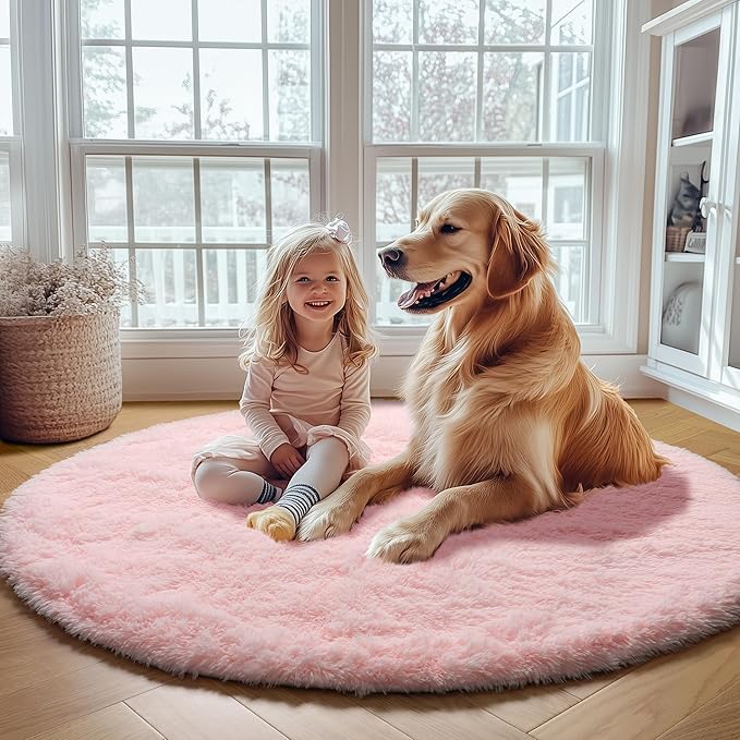 ONASAR Light Pink Round Area Rugs 4ft for Bedroom Living Room, Washable Fluffy Circle Rug for Kids Girls Boys Teen, Soft Plush Shaggy Carpet for Nursery Dorm Classroom Playroom Home Decor Aesthetic