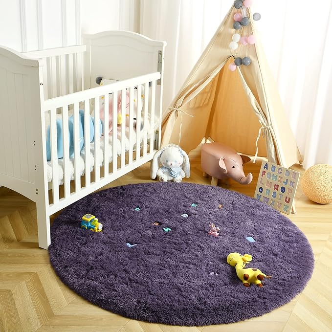 LOCHAS Luxury Round Fluffy Area Rugs for Bedroom Kids Girls Room Nursery, Super Soft Circle Rug, Cute Shaggy Carpet for Children Living Room, 4x4 Feet Grey Purple