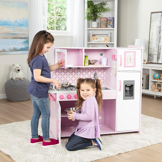 Melissa & Doug Wooden Chef’s Pretend Play Toy Kitchen With “Ice” Cube Dispenser – Cupcake Pink/White - FSC Certified