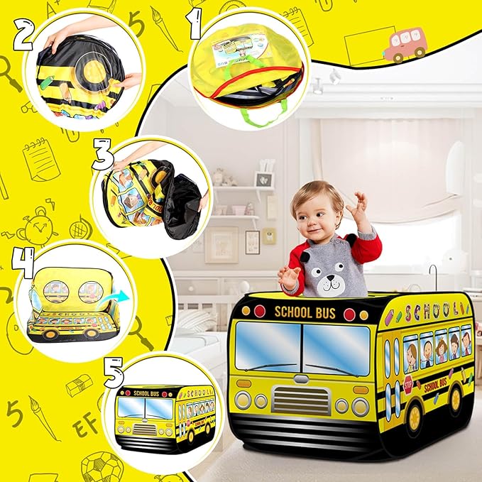 Pop up Play Tent for Kids Aged 1-3 Years Old Boys and Girls : School Bus Tent Playhouse Toy Play Tents for Toddlers 3-5 Kids Tent Indoor Outdoor Playhouse Toys for 1 + Year Old, School Bus
