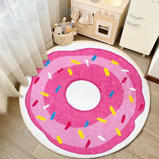 Kids Rug 4Ft Round Play Mat Donut Playroom Rug for Boys Girls Nonslip Circle Bedroom Carpet for Nursery Living Room Bathroom Decor Easy Washable Children Throw Rug, Pink