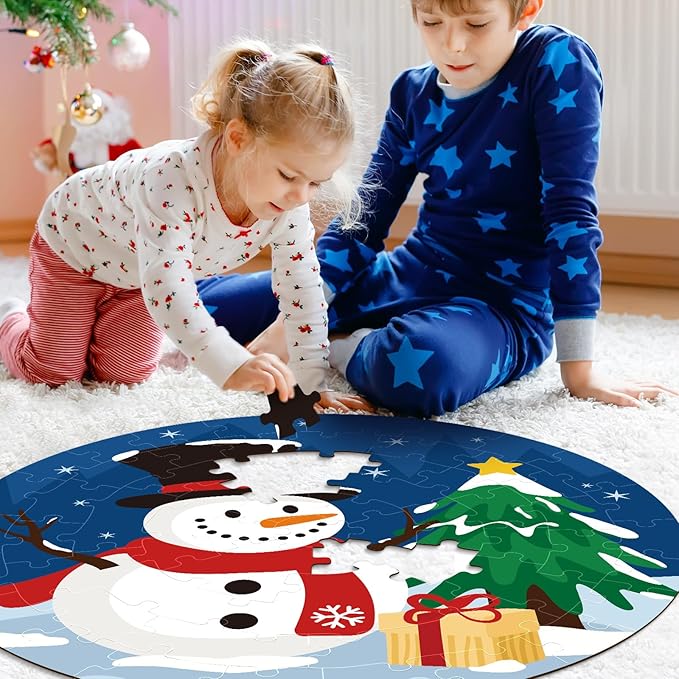 CiyvoLyeen Christmas Floor Puzzles for Kids Ages 3 4 5 6 7 8 Jigsaw Puzzles Penguin and Gingerbread Man Double Sided Large Round Puzzle Gifts Presents for Kids Children Toddler 22" 70 Pieces