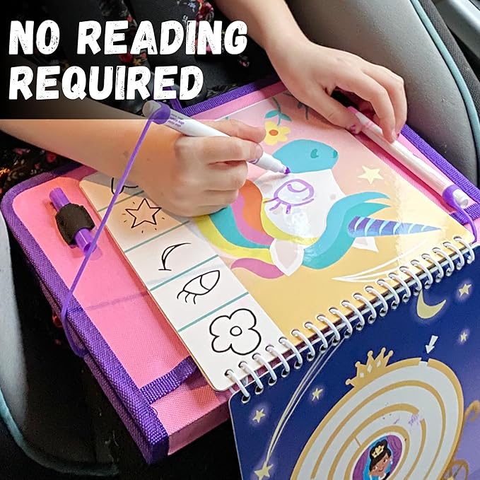 Kids Travel Educational Activity Book with Washable Markers - Car and Airplane Activities, Learning Toys for Toddlers- Reusable Stickers for Ages 4, 5, 6 (Princess & Extra Jungle Book)