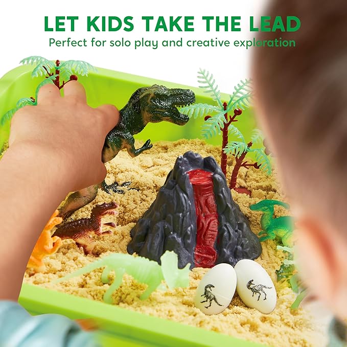 Klever Kits Dinosaurs Sensory Bin Toys for Toddlers with Glow in The Dark Dinosaurs, Sandbox with Lid Sand, Preschool Learning Activities Gifts for Boys Girls Age 3+