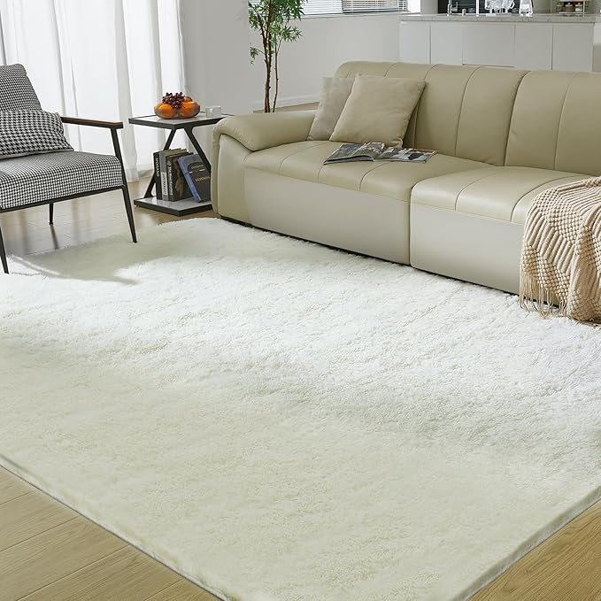 Ultra Soft Rug for Living Room, 3X5 Fluffy Shag Area Rug for Bedroom, Modern Shaggy Carpets Fuzzy Rug for Teens Dorm Nursery Home Decor Aesthetic, Upgrade Anti-Skid Durable, Cream White