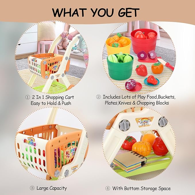 Kids Shopping Cart with Cutting Play Food Set for Kids Kitchen, 2 in 1 Shopping Cart for Kids Grocery Store Pretend Play Kitchen Accessories Sorting Food Bucket Learning Toys Gift for Toddler 3-5