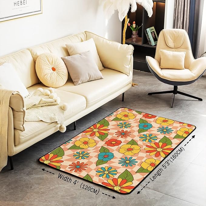 Erosebridal Girls Kawaii Vintage Floral Area Rug 4x5,Cute 70S Groovy Flowers Decorative Rug Teen Women Hippie Aesthetic Retro Pink Abstract Checkered Colorful Non Slip Carpet