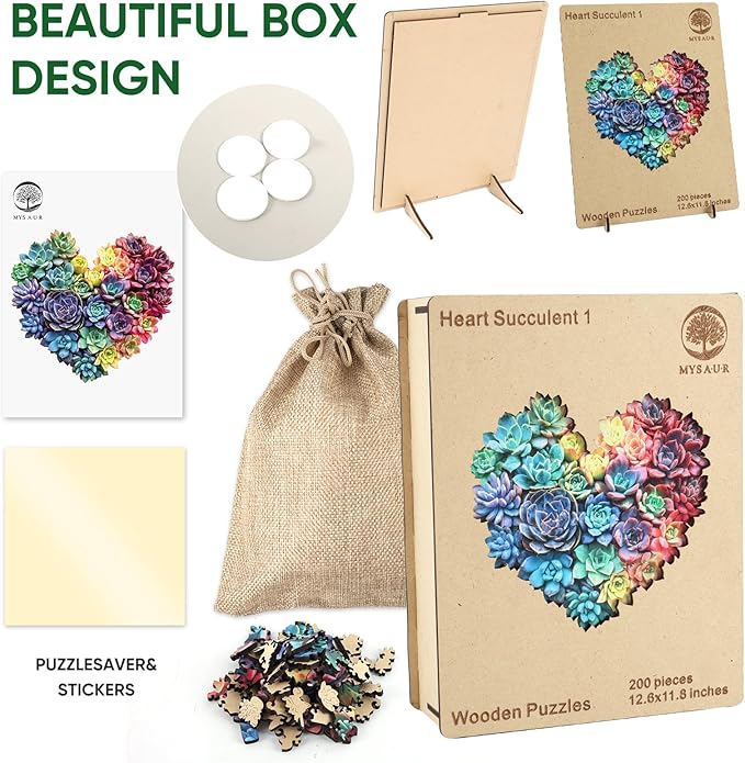 Heart Succulent Puzzles for Adults 200 Pieces, 5MM Thick Unique Shaped Flower Jigsaw Puzzles Birthday Gifts for Kids Family Game 11.8 * 12.6inch