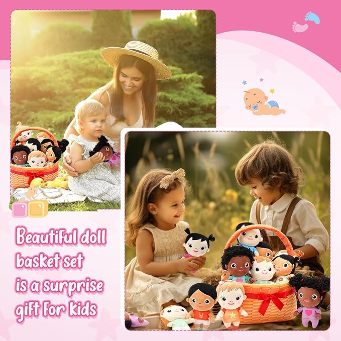 HyDren Basket Plush Baby Dolls, Set of 10 Soft Multicultural Sensory Dolls 6'' Plush Diversity Toys for Preschool Classroom, Easter Toddler Baby Toys for Kids Girls Boys All Ages