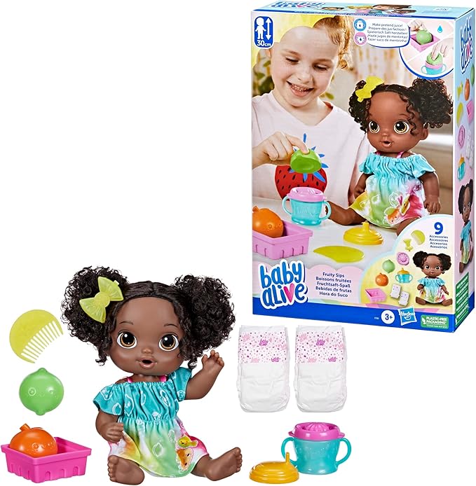 Baby Alive Fruity Sips Doll, Lime, Toys for 3 Year Old Girls, 12-inch Baby Doll Set, Drinks & Wets, Pretend Juicer, Kids 3 and Up, Black Hair