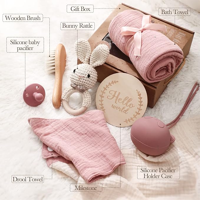 Baby Gift Set for Newborn, New Baby Bath Gift Set, 7 Pcs Baby Essentials Shower Set with Bath Towel, Teether, Rattle Toy, Pacifier Bag, Drool Towel, Brush, Wooden Milestone for Boy & Girls (Pink)