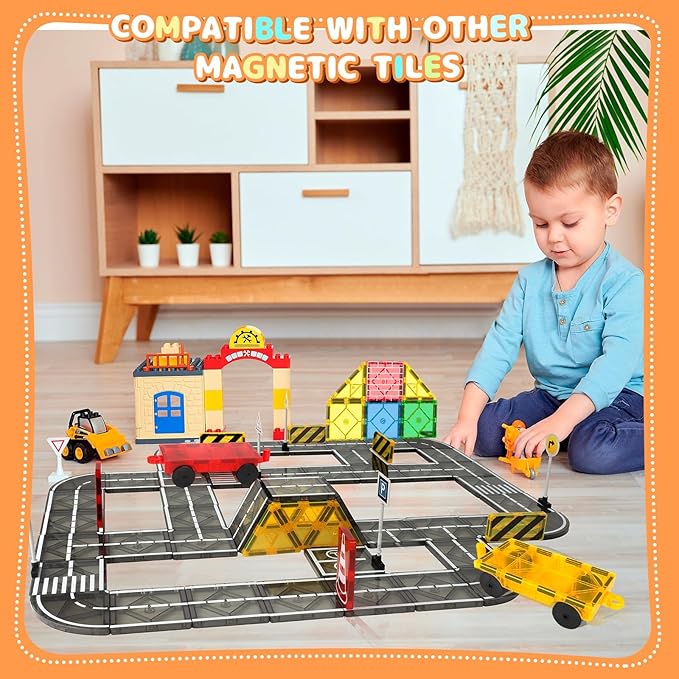 Magnetic Tiles Road Set, Magnetic Blocks Building Toys for 3+ Year Old Boys Girls, Magnet Construction Toys Preschool Educational Kids Magnet Tiles for Toddlers 3-5 4-8 (Magnetic Tiles Road Set)